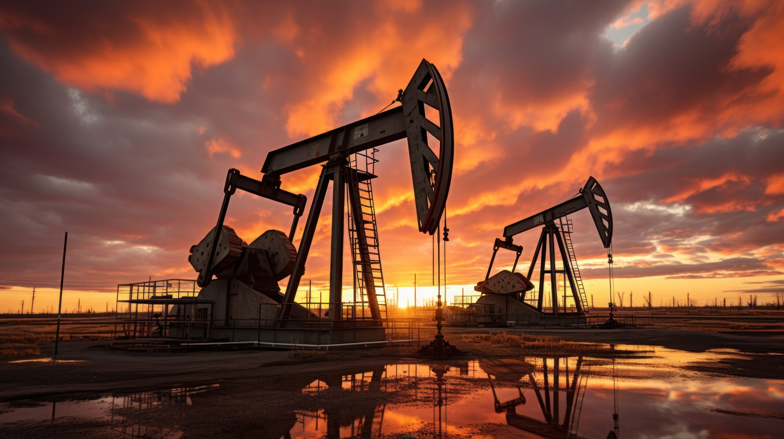 Oil pumps work rhythmically against the backdrop of  dusky sky.