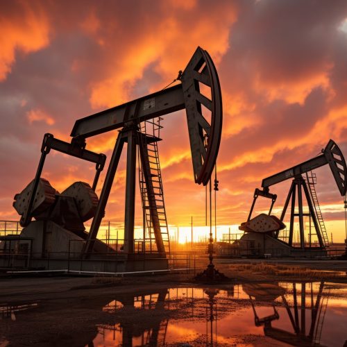 Oil pumps work rhythmically against the backdrop of  dusky sky.